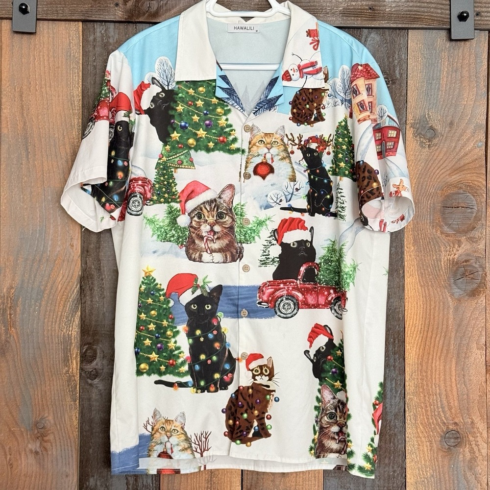 Hawalili Christmas Cats‎ Funny Button Down Shirt AOP Short Sleeve Size M